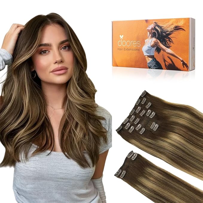 DOORES Human Hair Extensions Clip in, Balayage Chocolate Brown to Caramel Blonde 150g 9pcs 14 Inch, Real Remy Natural Hair Extensions