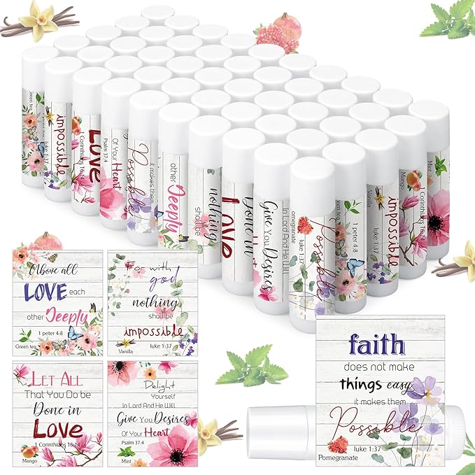 50 Pcs Bible Verse Lip Balm Bulk Christian Gifts for Women Faith Religious Moisturizing Lip Balm with Scripture Inspirational Lip Care Product for Friend Teacher Worker Employee