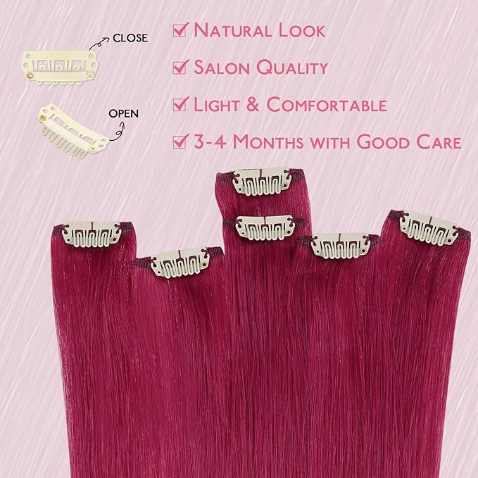 WENNALIFE Burgundy Red Clip in Hair Extensions Real Human Hair 35g 6pcs 24 Inch Colored Hair Extensions for Kids Women Colorful Hair Pieces Pop-up Style Straight Extensiones De Cabello Humano Con Clip