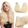 GOO GOO Tape in Hair Extensions Human Hair, 613R Bleach Blonde, 14inch 50g 20pcs, Skin Weft Seamless Invisible, Silky Straight with Thick Ends, Remy Human Hair