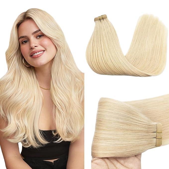 GOO GOO Tape in Hair Extensions Human Hair, 613R Bleach Blonde, 14inch 50g 20pcs, Skin Weft Seamless Invisible, Silky Straight with Thick Ends, Remy Human Hair