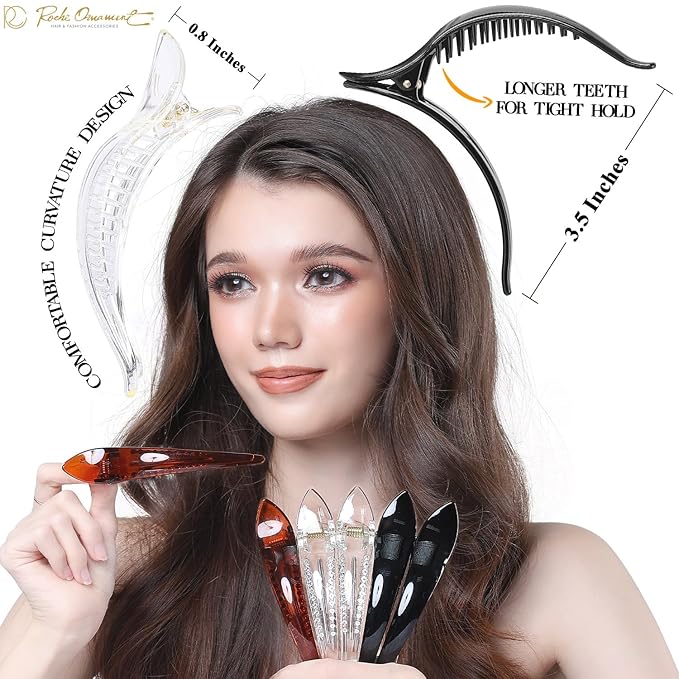 RC ROCHE 6 Pcs Duck Bill Alligator Hair Clips for Women Sectioning Flat Claw Long Thick Hair Inner Teeth Curved Styling Jaw Strong Secure Grip Salon, Medium Black, Brown, Clear