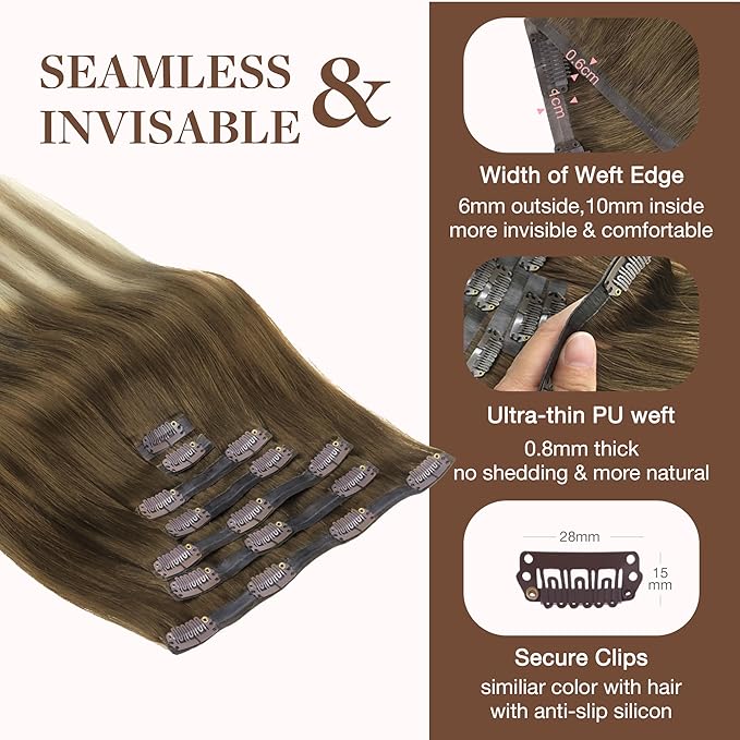 GOO GOO Clip in Hair Extensions Real Human Hair, Remy Human Hair Extensions Clip ins for Women, Natural Human Hair, 14inch 130g 9Pcs, 3/8/613 Balayage Walnut Brown to Ash Brown and Bleach Blonde