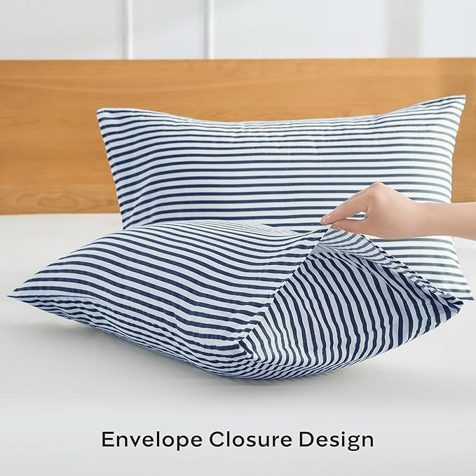 JELLYMONI 100% Natural Cotton Striped Queen Pillowcases Set, 4 Pack White and Dark Blue Stripes Pattern Printed Pillow Covers with Envelope Closure(Pillows are not Included)