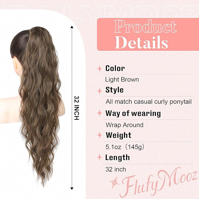 Flufymooz Ponytail Extension, Flexible Wrap Around Ponytail Extension Long Wavy Curly Ponytail Hair Extensions Natural pony tail Synthetic Hairpiece for Women 32 Inch (Light Brown)