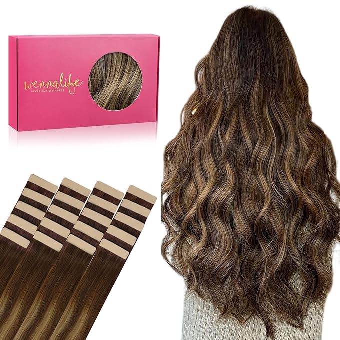 WENNALIFE Tape in Hair Extensions Human Hair, 20pcs 16 inch 50g Balayage Chocolate Brown to Caramel Blonde Remy Tape Hair Extensions Real Human Hair Tape Extensions Coloured Hair Extensions