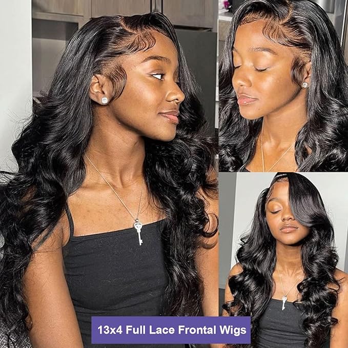 Lemoda Malaysian Body Wave 13x4 Full Lace Frontal Virgin Human Hair Wigs 210% Density Body Wave HD Transparent Lace Front Wig 26Inch Unprocessed Virgin Human Hair Natural Black