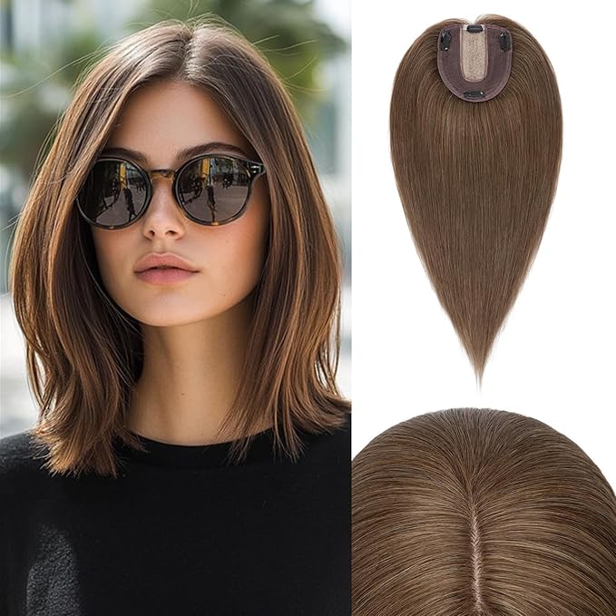 Rich Choices Hair Toppers for Women Real Human Hair 100% Human Remy Toppers NO Bangs for Women with Thinning on Top Clip in Hairpiece 4"x4.7"Lace Base 14 Inch #4R Natural Brown