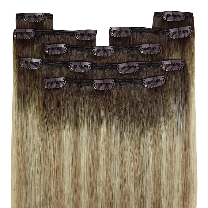 YoungSee Clip in Human Hair Extensions Brown Ombre Clip in Extensions Real Human Hair Walnut Ombre Light Brown with Blonde Balayage Real Hair Extensions Clip ins Human Hair 20Inch 120G 7Pcs