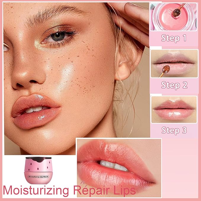 1 PCS Bee Lip Balm Honey Pot, Exfoliating Strawberry Bee Lip Balm Sleeping Lip Mask Overnight with Sticks, Honey Pot Lip Balm Prevention Dry Hydrating and Crack Lip Scrubs