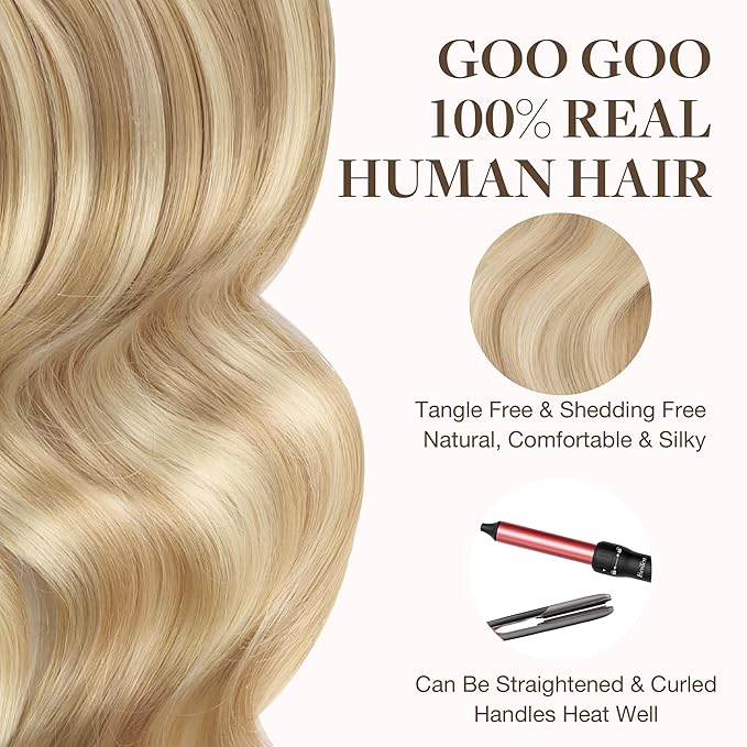 GOO GOO Tape in Hair Extensions Human Hair, 18A/613A Dark Blonde Highlighted Bleach Blonde, 20inch 30g 10pcs, Skin Weft Seamless Invisible, Silky Straight with Thick Ends, Remy Human Hair