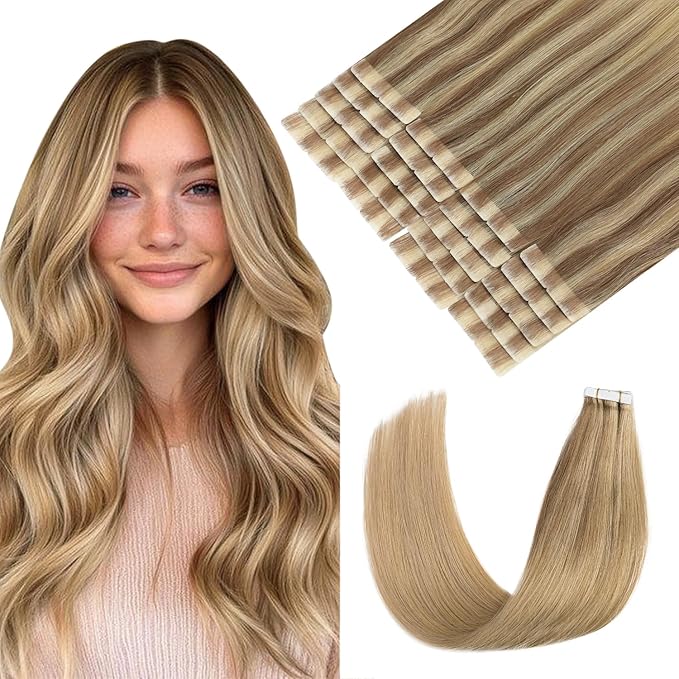Pinkpearl Invisible Tape in Hair Extensions Human Hair, 20pcs 14inch 40g #10/27/27 Golden Brown to Caramel Blonde Injection Tape in Extensions Real Remy Seamless Human Hair Injected