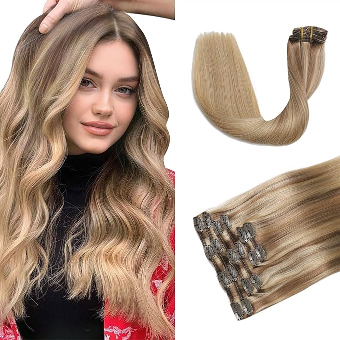 XDhair Human Hair Clip in Extensions 100g Balayage Color Golden Brown to Light Blonde Highlight 27 Blonde Double Weft Clip in Hair Extensions #10/27/27 14 Inch