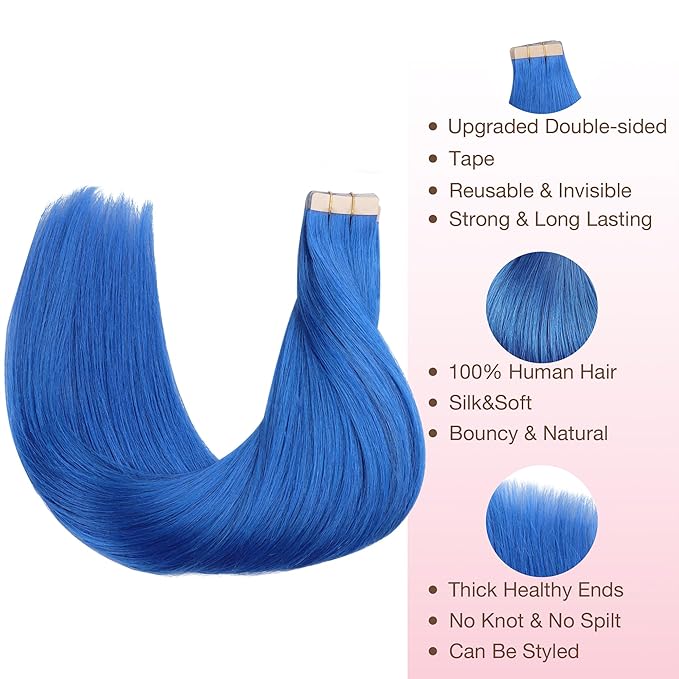 GOO GOO Tape in Hair Extensions Human Hair, Blue, 20inch 30g 10pcs, Colored Tape ins Human Hair Extensions, Silky&Soft Invisible Tape Ins, Hair Highlighted for Party