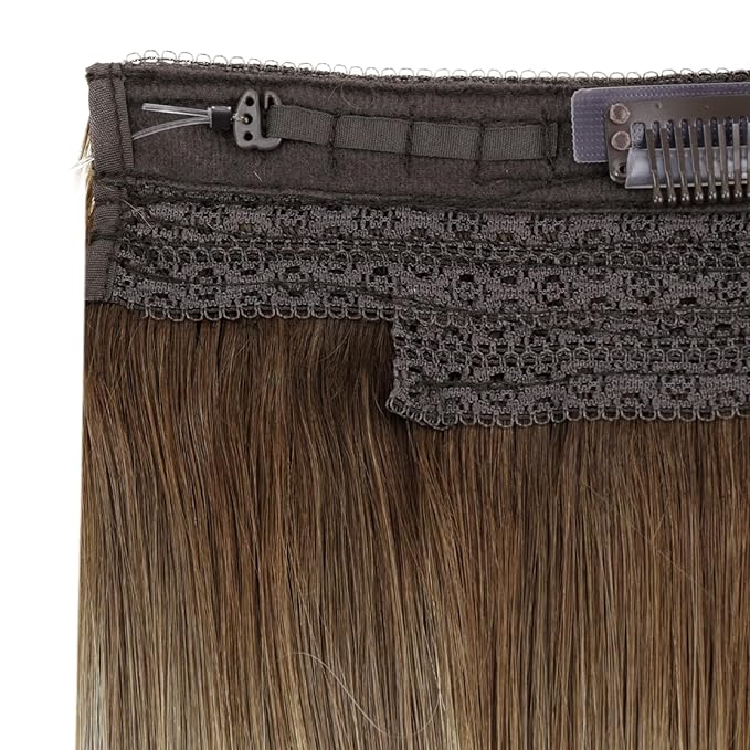RUNATURE Brown Balayage Wire Hair Extensions Real Human Hair 20 Inch 100g, Invisible Fish Line Hair Extensions Soft Silky Hair, Quick Application #3/8/22 Walnut Brown to Light Brown with Blonde