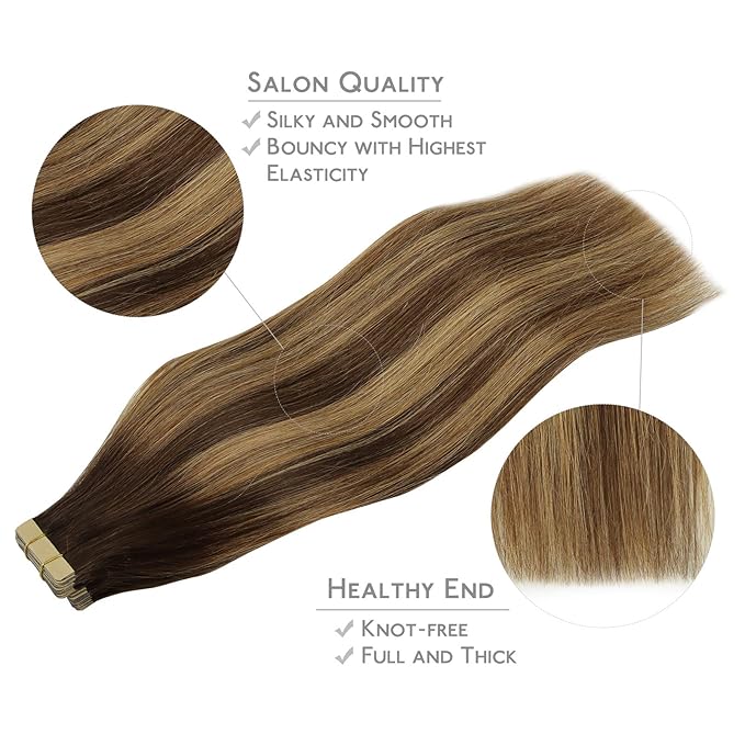 WENNALIFE Tape in Hair Extensions Human Hair, 20pcs 40g 12 inch Balayage Chocolate Brown to Caramel Blonde Remy Hair Extensions Straight Human Hair Tape in Extensions Skin Weft Tape Extensions