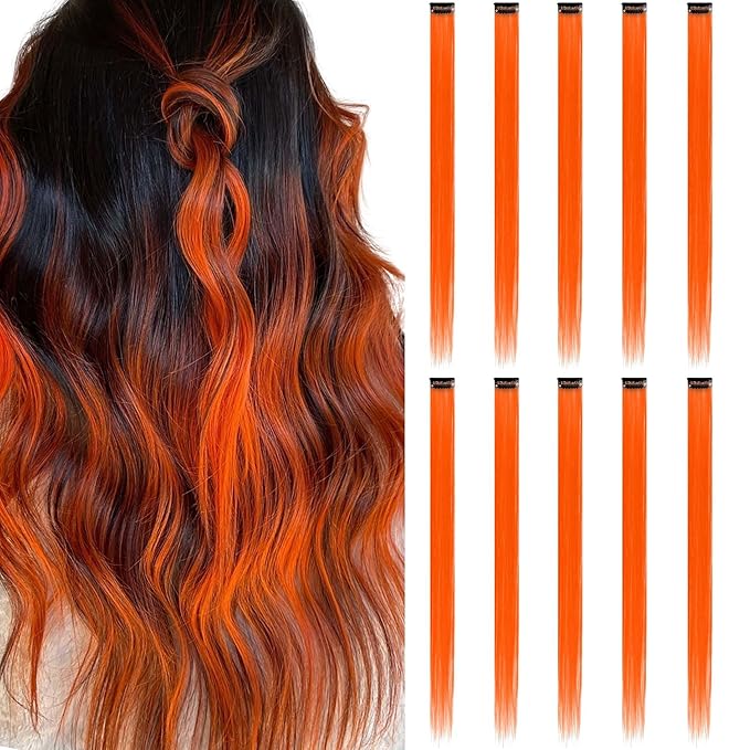 Orange Hair Extensions Clip in for Kids Girls, 10 Pieces 22 Inch, Colored Heat Resistant Synthetic Hairpiece, Long Straight Streak Extension Clips Ins