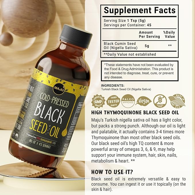 MAJU Black Seed Oil - 3 Times Thymoquinone, Cold-Pressed, 100% Turkish Black Cumin Seed Oil, Liquid Pure Blackseed, Glass Bottle, 8 oz