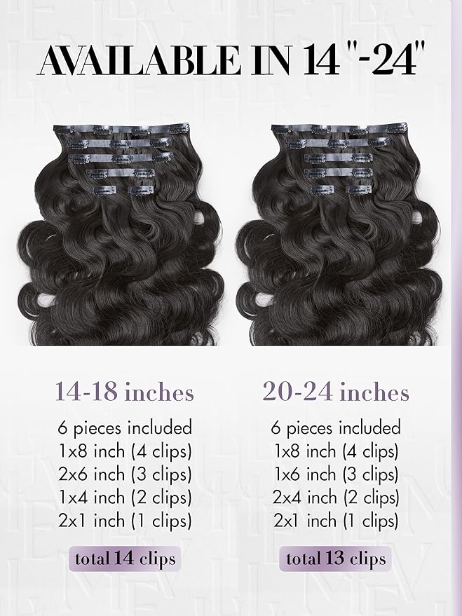 LUVME Invisible Clip in Hair Extensions Body Wave Real Human Hair, Remy Hair Clip ins for Women, Natural Human Hair, 18 inch 110g 6Pcs, Natural Black