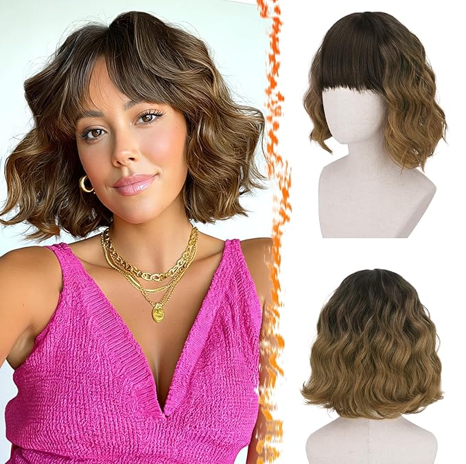 BARSDAR Brown Ombre Short Wavy Wig with Bangs - Short Wavy Brown Wig for Women - Fluffy Soft Synthetic Curly Textured French Bob Ombre Wigs with Bangs Natural Looking Face-Framing Daily