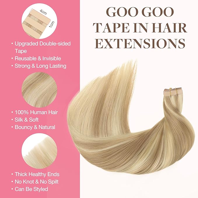 GOO GOO Tape in Hair Extensions Human Hair, 18A/613A Dark Blonde Highlighted Bleach Blonde, 20inch 100g 40pcs, Skin Weft Seamless Invisible, Silky Straight with Thick Ends, Remy Human Hair