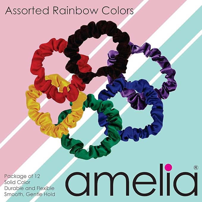 Amelia Beauty, Rainbow Mix Satin Small Scrunchies, 12-Pack – No Damage Hair Ties for Women, Gentle & Durable Hair Accessories, 2.5in x 0.5in