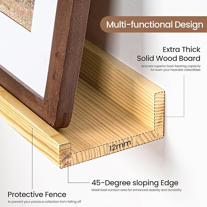 Picture Ledge Shelf, Solid Pine Wood Floating Shelves Set of 4, 16 Inches Nursery Book Shelves for Toys Storage, Kids Bookshelf Wall Mounted for Living Room Decor Photo Frames, Natural