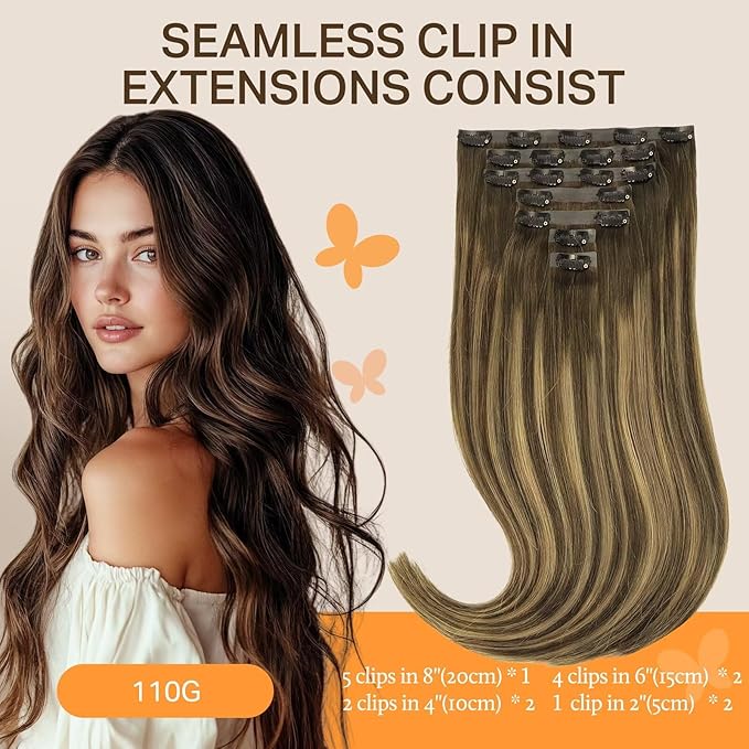 DOORES Seamless Clip in Real Human Hair Extensions, Chocolate Brown to Caramel Blonde 20 Inch 7pcs 110g, Invisi Edge Clip in Hair Extensions Remy Straight