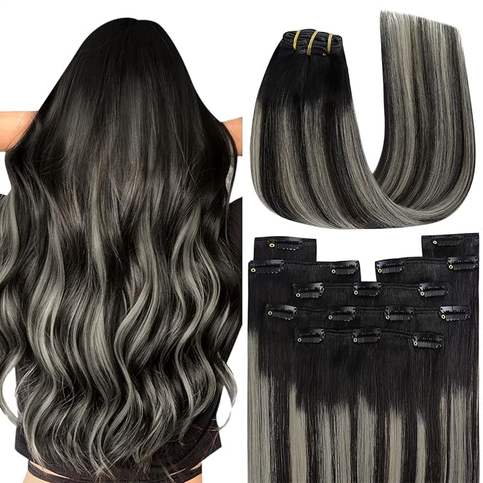 YoungSee 135G Balayage Clip in Hair Extensions Black Ombre Clip in Hair Extensions Human Hair Natural Black and Silver Blonde Balayage Human Hair Clip ins for Natural Look 16In