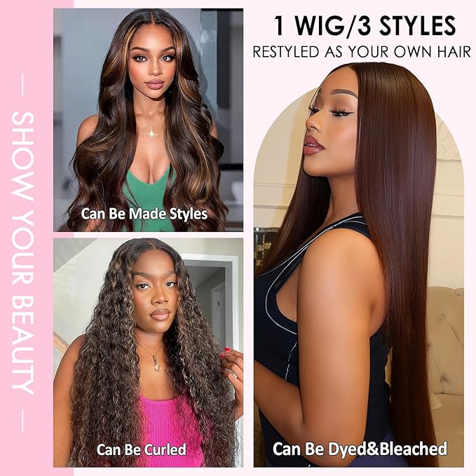 Straight Wigs Human Hair 1B/30 Highlight Ombre Lace Front Wig Human Hair 13x4 Transparent Lace Frontal Black with Brown Highlight Wig for Women 200 Density Glueless Wigs 24 Inch