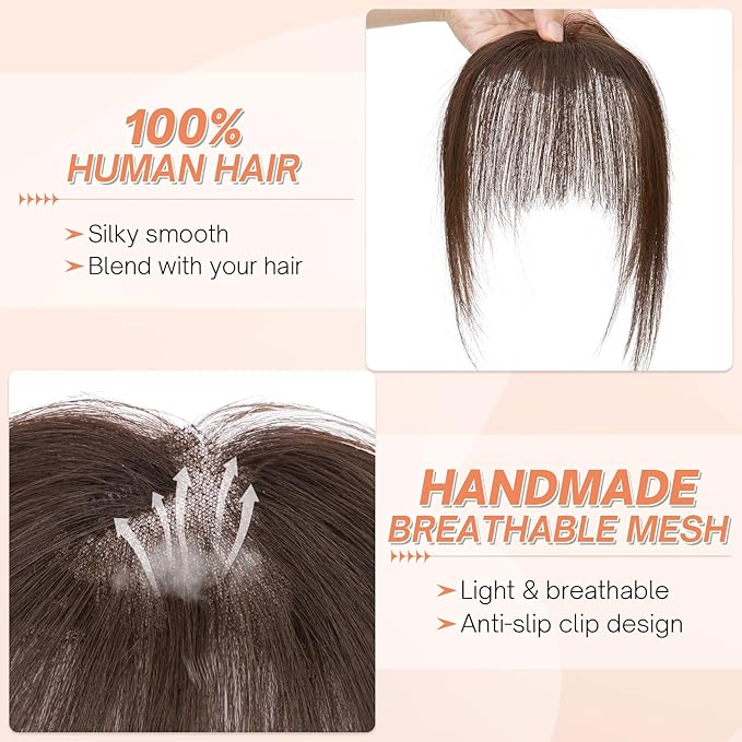 Benehair Clip on Bangs for Women Human Hair, Fake Bangs Human hair, French Bangs Clip in Hair Extensions Hair Pieces with Temples for Daily Wear (Dark Brown)