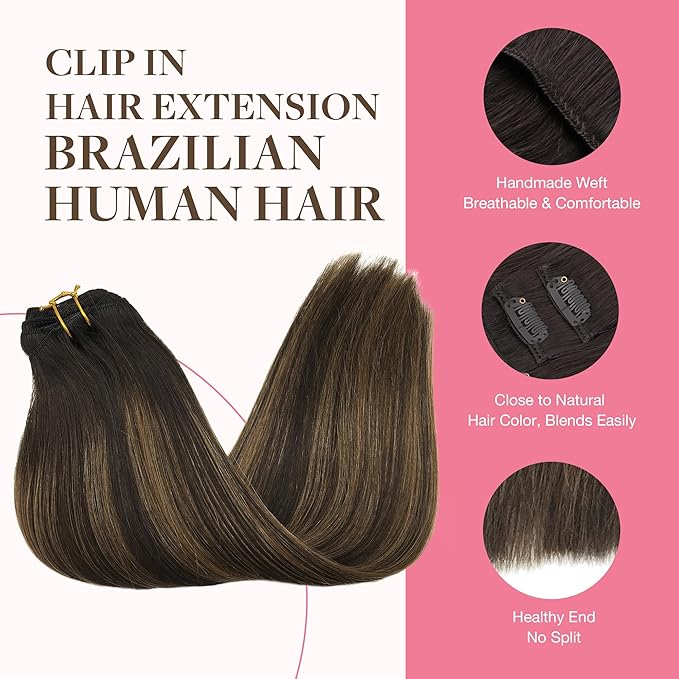 GOO GOO Clip in Hair Extensions Real Human Hair, Remy Human Hair Extensions Clip ins for Women, Natural Human Hair, 14inch 150g 9Pcs, 2/6/2 Balayage Dark Brown to Chestnut Brown