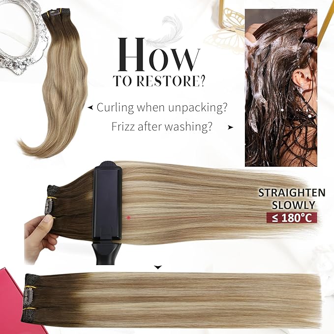 Moresoo Balayage Clip in Hair Extensions Medium Brown to Light Brown with Medium Blonde Ombre Clip in Human Hair Extensions Remy Human Hair Long Full Head 120g/7pcs 20in
