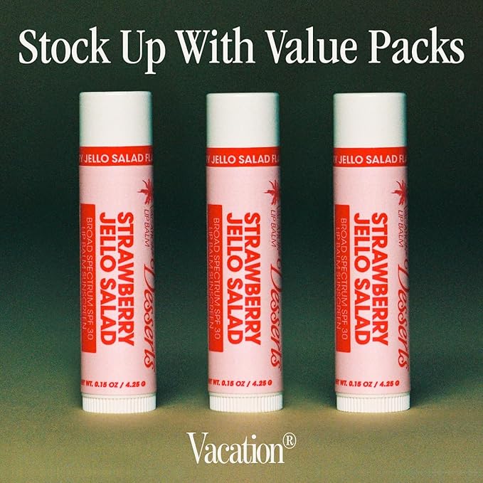 Vacation Strawberry Jello Salad SPF 30 Sunscreen Lip Balm 3-Pack, Lip Balm Made Without Beeswax, Lip Balm with Sunscreen, Lip Balm SPF Set, Lip Sunscreen, Water Resistant, Vegan (Pack of 3)