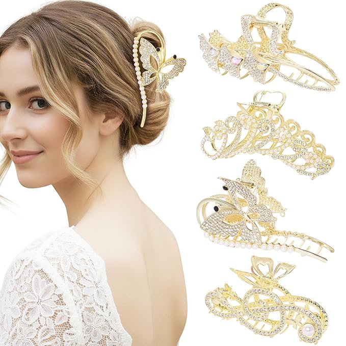 4Pcs Large Metal Hair Claw Clips with Rhinestones & Pearls, Peacock-Music Note-Butterfly-Ginkgo Non-Slip Hair Clips for Thin/Medium/Thick Hair, Gold Sparkly Strong Hold Hair Claws for Women Girls
