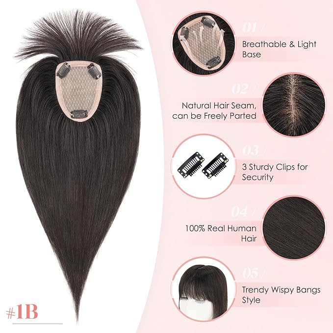 Hairro Human Hair Toppers with Wispy Bangs, 3.5x4.7" Hand-wovened Base for Women with Thinning Hair, Lightweight & Breathable Realistic Scalp, Clip-in Hairpieces for Easy Wear, 16 Inch Natural Black