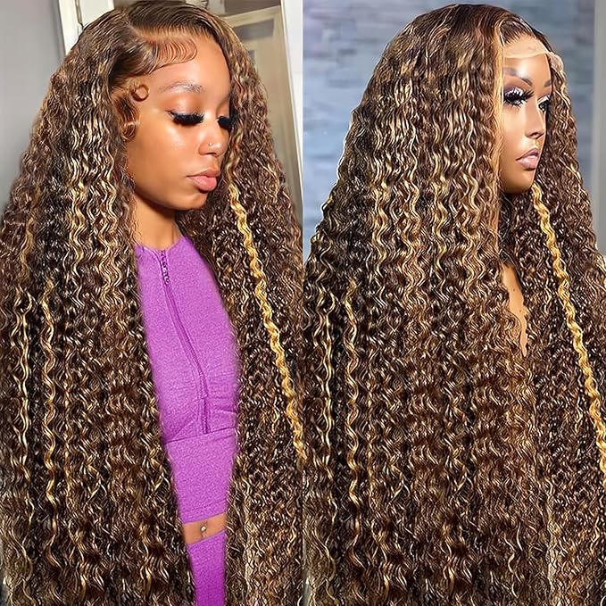 Honey Blonde Deep Wave Lace Front Wigs Human Hair 200 Density 13x6 HD Lace Front Wigs Ombre Human Hair Wig Glueless P4/27 Highlight Wig for Women Pre Plucked with Natural Hairline (22 Inch)