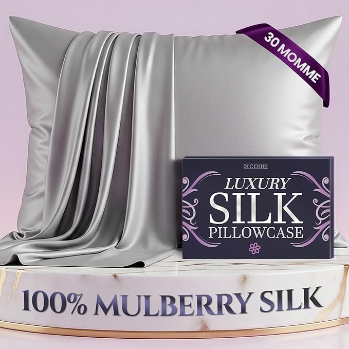 DECOLURE 100% Pure Mulberry Silk Pillow Case Standard Size – Highest Grade 30 Momme 6A+, Luxuriously Soft & Cooling Silk Pillowcase for Hair & Skin, Hypoallergenic, Breathable, Hidden Zipper (Silver)