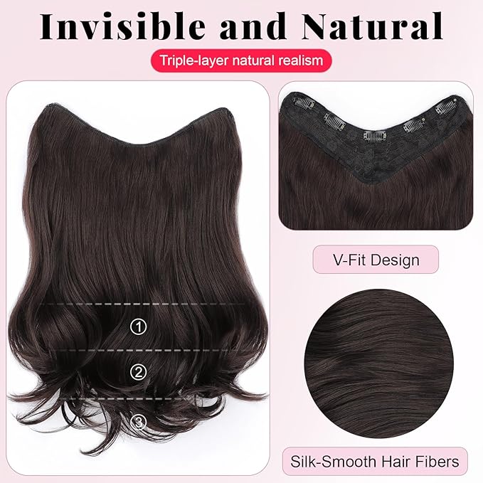 ALXNAN Long Wavy Layered Hair Extensions for Women, Clip in Hair Extensions Clip Ins Soft Full Head Synthetic Hairpieces 16 Inch Dark Brown