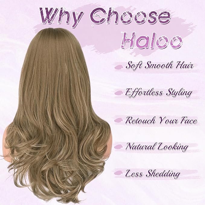 Haloo Brown Blonde Wigs with Bangs Long Wavy Layered Haircut Natural Looking Fluffy Synthetic Heat Resistant Hair Wig for Women Daily Party, 24 Inch Brown Mixed Blonde