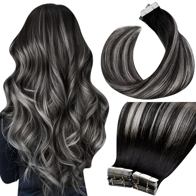 LaaVoo Human Hair Tape in Extensions Ombre Silver Tape in Hair Extensions Human Hair 100g Tape in Extensions Ombre Balayage Off Black to Silver Mix Black Full Head 20 Inch 40pcs