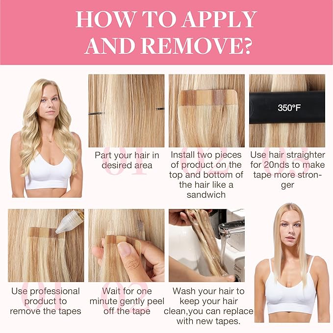 GOO GOO Tape in Hair Extensions Human Hair, 18ET90A Natural Blonde Balayage, 20inch 50g 20pcs, Skin Weft Seamless Invisible, Silky Straight with Thick Ends, Remy Human Hair