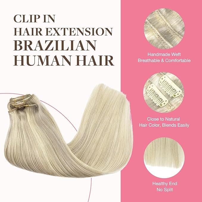 GOO GOO Clip in Hair Extensions Real Human Hair, Remy Human Hair Extensions Clip ins for Women, Natural Human Hair, 18inch 150g 9Pcs, 17A/60A Ash Blonde Highlighted Platinum Blonde