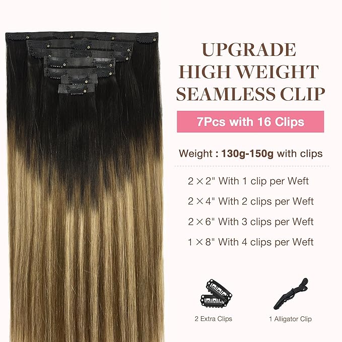 GOO GOO Clip in Hair Extensions Real Human Hair, Remy Human Hair Extensions Clip ins for Women, Natural Human Hair, 24inch 160g 7Pcs, 2/6/18 Balayage Brown to Dirty Blonde