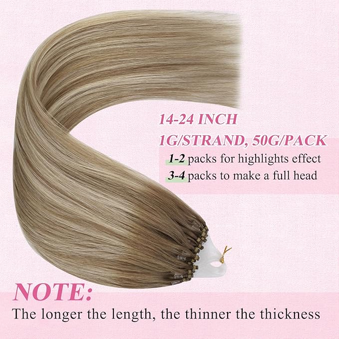 YoungSee Microlink Hair Extensions Human Hair Ombre Nicro Bead Hair Extensions Real Human Hair Brown with Blonde Balayage Micro Ring Human Hair Extensios 14In 50s 50g Pre Bonded Hair for Short Hair