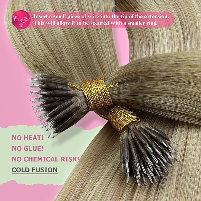YoungSee Nano Ring Hair Extensions Ombre Blonde Nano Beads Human Hair Extensions Balayage Ash Blonde Ombre Platinum Blond Nano-Tip Hair Extension Human Hair Nano Remy Hair Extension 50G 50S 14Inch