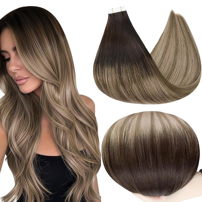 Full Shine Human Hair Tape in Extensions 22Inch Darkest Brown 2 Fading to 6 Light Brown Highlight 18 Ash Tape in Hair Extensions Human Hair Blonde Invisible Hair Extensions 20Pcs 50G