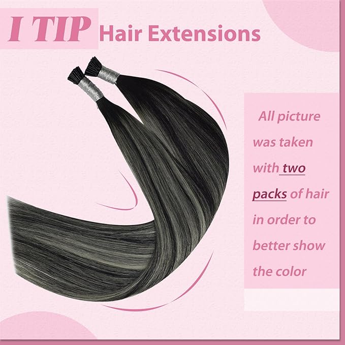 YoungSee I Tips Hair Extensions Ombre I Tip Hair Extensions Balayage Black with Silver Human Hair Extensions I Tip Balayage 20 Inch Itips Hair Extension Human Hair Silky Straight 50s 50g