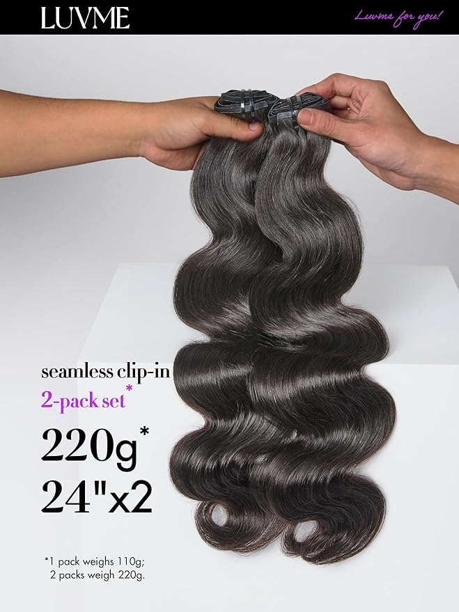 LUVME Body Wave Seamless 2 Pack 220g 14Pcs Clip in Hair Extensions Full Max with 18inch Remy Human Hair Extensions, Natural Black 100% Real Soft Hair
