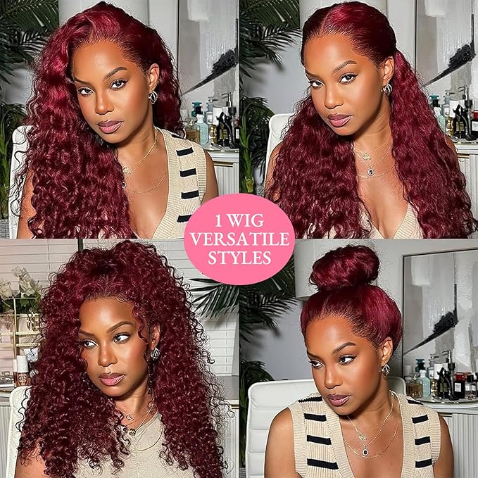 250 Density Hidden Strap Water Wave 360 99j Burgundy Glueless Wigs Human Hair Pre Plucked Pre Bleached Human Hair Wig With Drawstring Wet and Wavy HD Full Lace Front Wigs Human Hair 18 Inch